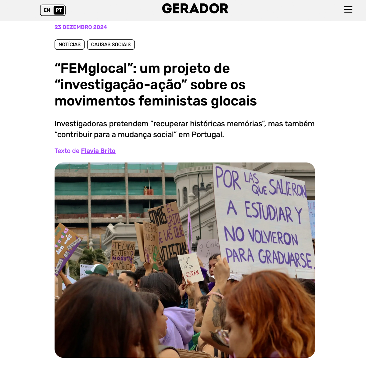 “'FEMglocal': um projeto de 'investigação-ação' sobre os movimentos feministas glocais" no Gerador